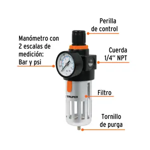Truper Filtro y regulador de presión de aire, cuerda 1/4 NPT