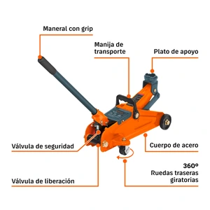 Gato hidráulico de patín, 2t, 30 movimientos, Truper