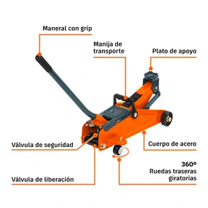 Gato hidráulico de patín 2t, 50 movimientos, maletín, Truper