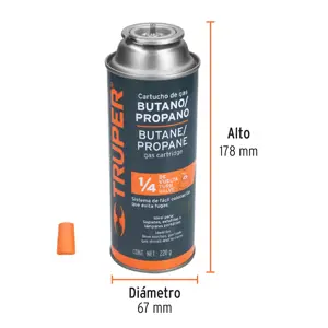 Lata de gas de 220g con válvula de 1/4 de vuelta, TRUPER