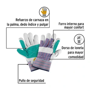 Guantes de carnaza y loneta con refuerzo, unitalla, PRETUL