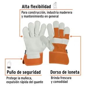 Guantes de piel de res y dorso de loneta, TRUPER