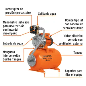 Equipo hidroneumático 24L, bomba jet inox. 1/2 HP, TRUPER