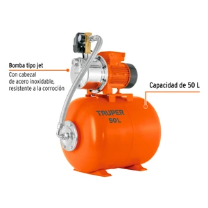 Equipo hidroneumático 50L, bomba jet inox. 1 HP, TRUPER
