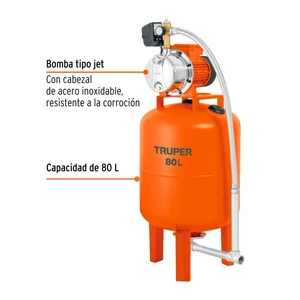 Equipo hidroneumático 80L, bomba jet inox. 1 HP, TRUPER