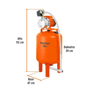 Equipo hidroneumático 80L, bomba jet inox. 1 HP, TRUPER