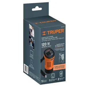 Inversor de corriente 120 W tipo vaso, 2 puertos USB, Truper