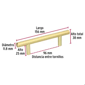 Hermex Jaladera de acero, 96mm, línea Cilindro, latón brillante