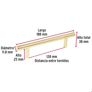 Hermex Jaladera de acero, 128mm, línea Cilindro, latón brillante