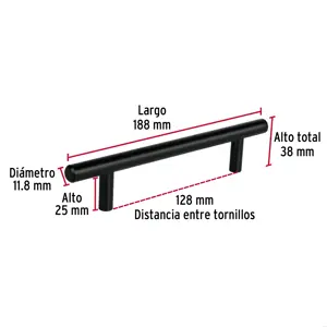 Jaladera de acero, 128mm, línea Cilindro, negro, HERMEX