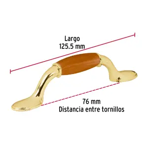 Hermex Jaladera metálica, 76mm latón brillante, inserto tipo madera