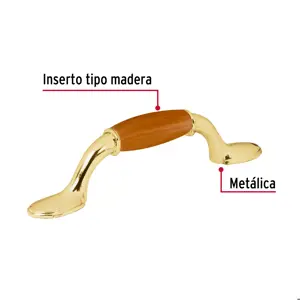 Hermex Jaladera metálica, 76mm latón brillante, inserto tipo madera