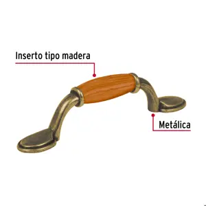 Hermex Jaladera metálica de 76mm latón antiguo, inserto tipo madera