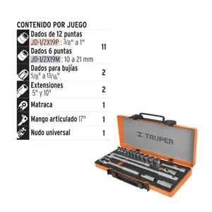 13936 / JD-1/2X19M Truper Juego de 18 herramientas cuadro 1/2