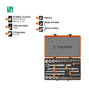 Truper Juego de 42 herramientas cuadro 1/2