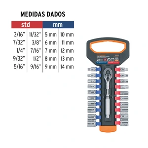 Juego de dados mm y std con matraca, cuadro 1/4