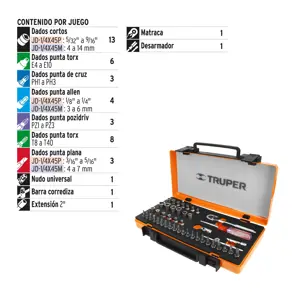 Truper Juego de 45 herramientas cuadro 1/4