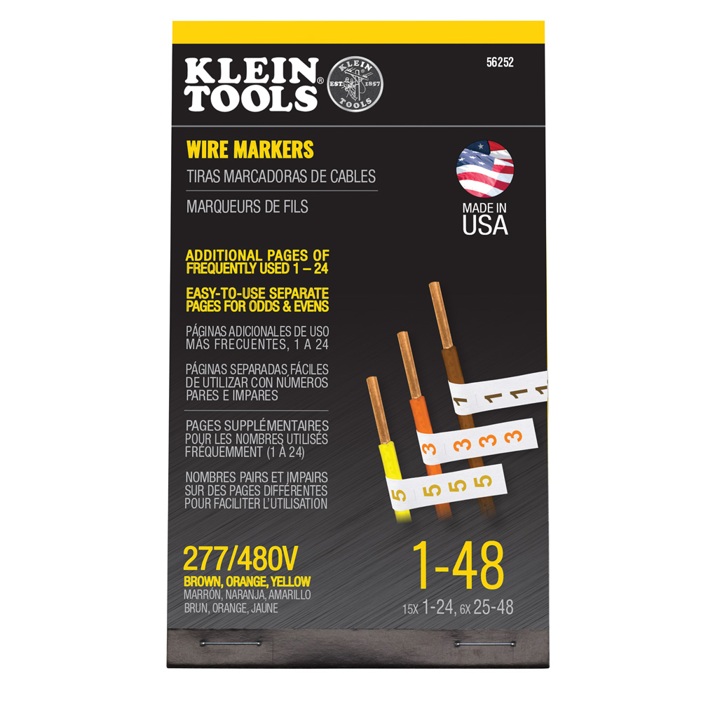 KLEINTOOLS-56252 / 56252 Libreta de tiras marcadoras de cables con cables trifásicos de 277/480 V, números del 1 al 48