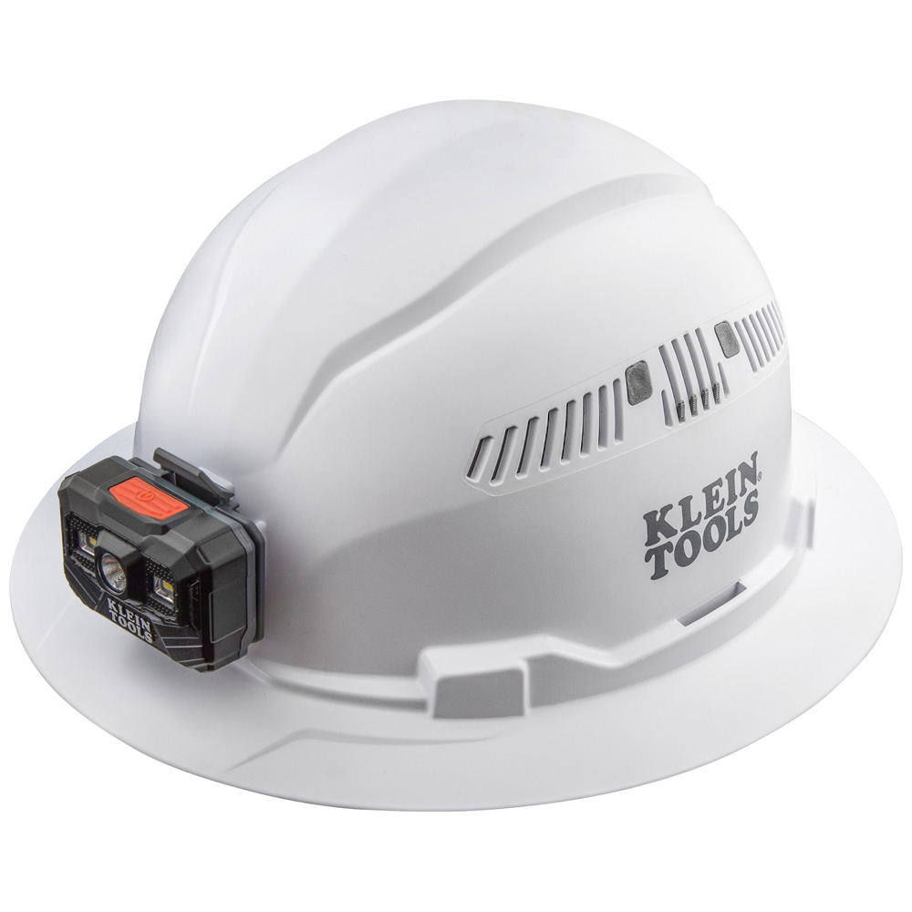 KLEINTOOLS-60407RL / 60407RL Casco de seguridad tipo cachucha blanco estilo ala completa con ventilación y luz frontal recargable