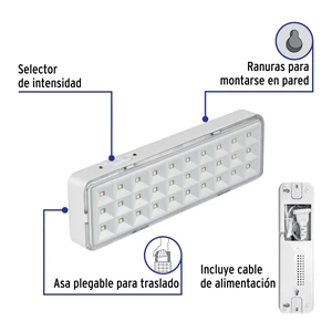 Lámpara de emergencia de 30 Leds, 220 lm recargable, Volteck