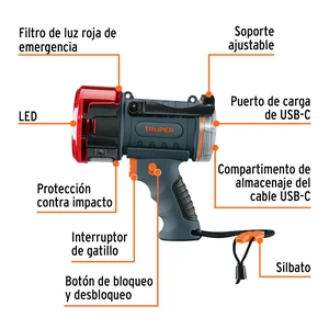 Linterna reflectora LED 900 lm, recargable, TRUPER