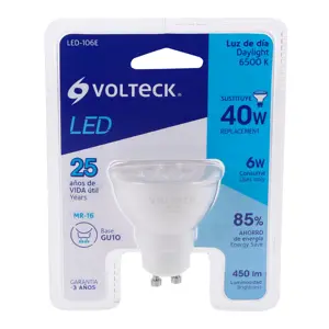 Volteck Lámpara de LED 6 W tipo MR 16 base GU10 luz de día, blíster