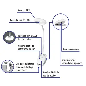 Volteck Lámpara escritorio LED 4 W recargable c/clip, 3 intensidades