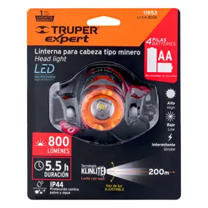 Linterna de minero 1 LED 800 lm de 4 pilas AA, Truper Expert