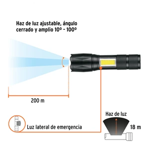 Truper Linterna de 1 LED 270 lm con luz de emergencia, recargable