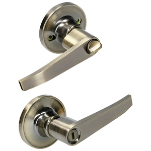 Manija tubular recta función baño, latón antiguo, llave estándar, blíster Lock