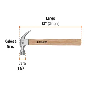 Martillo pulido, 16 oz, uña curva, mango madera, TRUPER