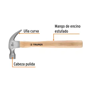 Martillo pulido, 20 oz, uña curva, mango madera, TRUPER