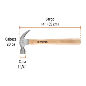 Martillo pulido, 20 oz, uña curva, mango madera, TRUPER