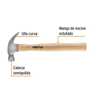 Martillo semipulido, 7 oz, uña curva, PRETUL