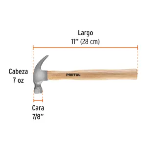 Martillo semipulido, 7 oz, uña curva, PRETUL