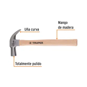 Martillo cabeza cónica 23 mm uña curva, mango madera, TRUPER