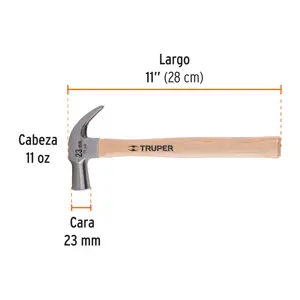 Martillo cabeza cónica 23 mm uña curva, mango madera, TRUPER