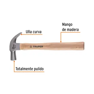 Martillo cabeza cónica 25 mm uña curva, mango madera, TRUPER