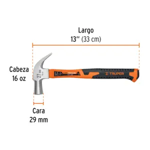 Truper Martillo cabeza cónica 29 mm uña curva, mango fibra vidrio