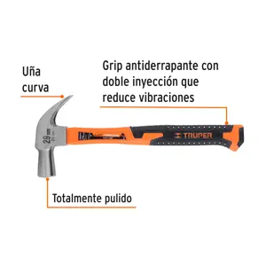 Truper Martillo cabeza cónica 31 mm uña curva, mango fibra vidrio