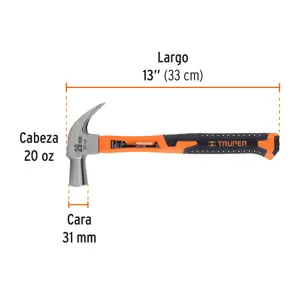 Truper Martillo cabeza cónica 31 mm uña curva, mango fibra vidrio