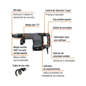 Martillo demoledor SDS Max 10kg, 25J, 1500W, TRUPER EXPERT