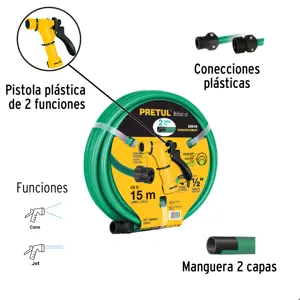 Combo manguera MAN-15X1/2P y pistola de riego PIM-4P, PRETUL