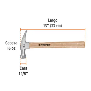 Martillo pulido, 16 oz, uña recta, mango madera, TRUPER
