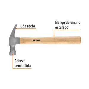 Martillo semipulido, 16 oz, uña recta, PRETUL