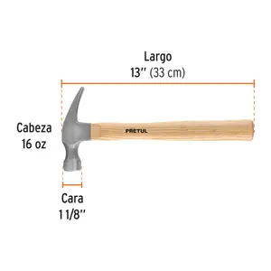Martillo semipulido, 16 oz, uña recta, PRETUL