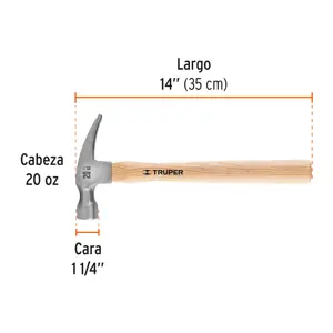 Martillo pulido, 20 oz, uña recta, mango madera, TRUPER