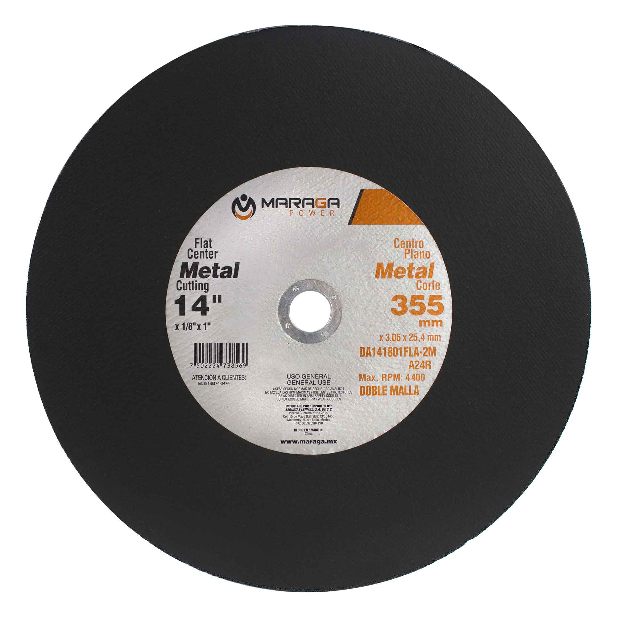 MARAGA-DA141801FLA-2M / DA141801FLA-2M Disco Abrasivo de 14" Grosor 1/8" Eje 1" 2M Maraga Disco de Corte Doble Malla de 14 Grosor 1/8 Eje 1 Pulgada Maraga