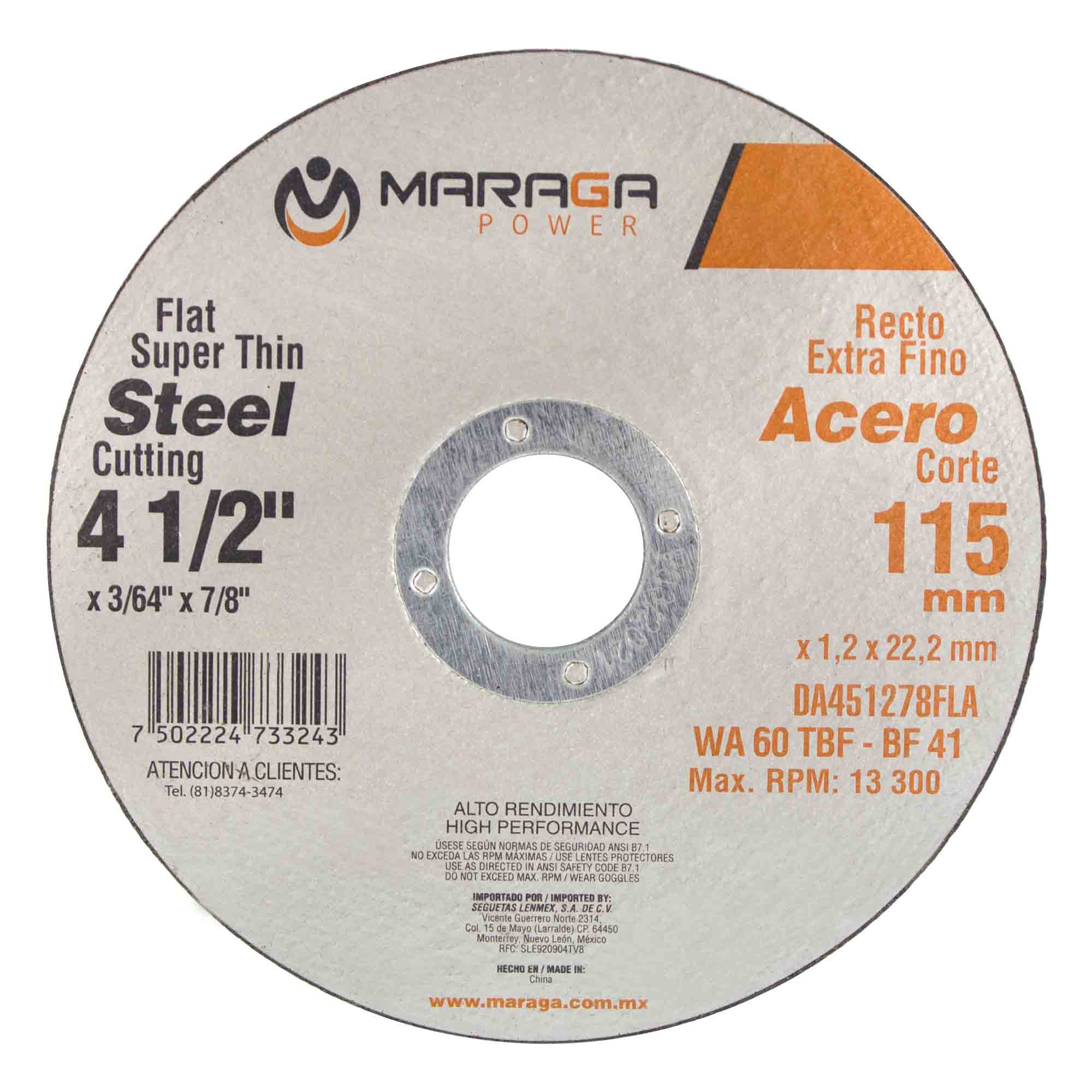 MARAGA-DA451278FLA / DA451278FLA Disco Abrasivo de 4-1/2" Grosor 1/2" Eje 7/8" Maraga Disco de Corte de 4-1/2 Grosor 1/2 Eje 7/8 Pulgadas Maraga