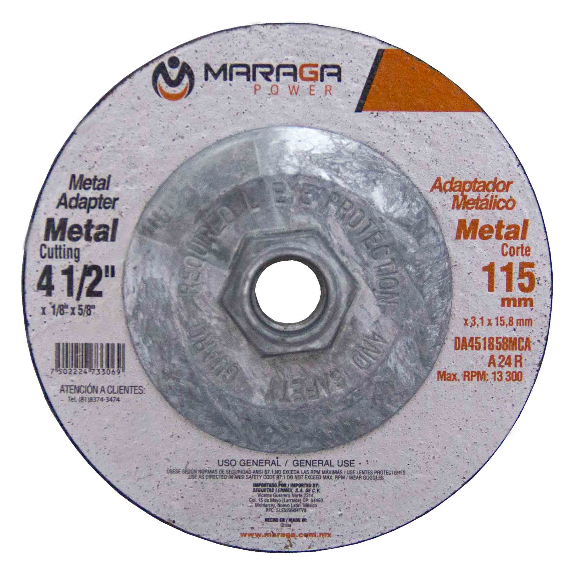 MARAGA-DA451858MCA / DA451858MCA Disco de Corte de 4-1/2" Grosor 1/8" Eje 5/8" Maraga Disco de Corte multipropósito de 4-1/2 Pulgadas Grosor 1/8 Eje 5/8 Maraga